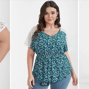 Ditsy Floral Ruffles Raglan Sleeve Contrast Lace Blouse